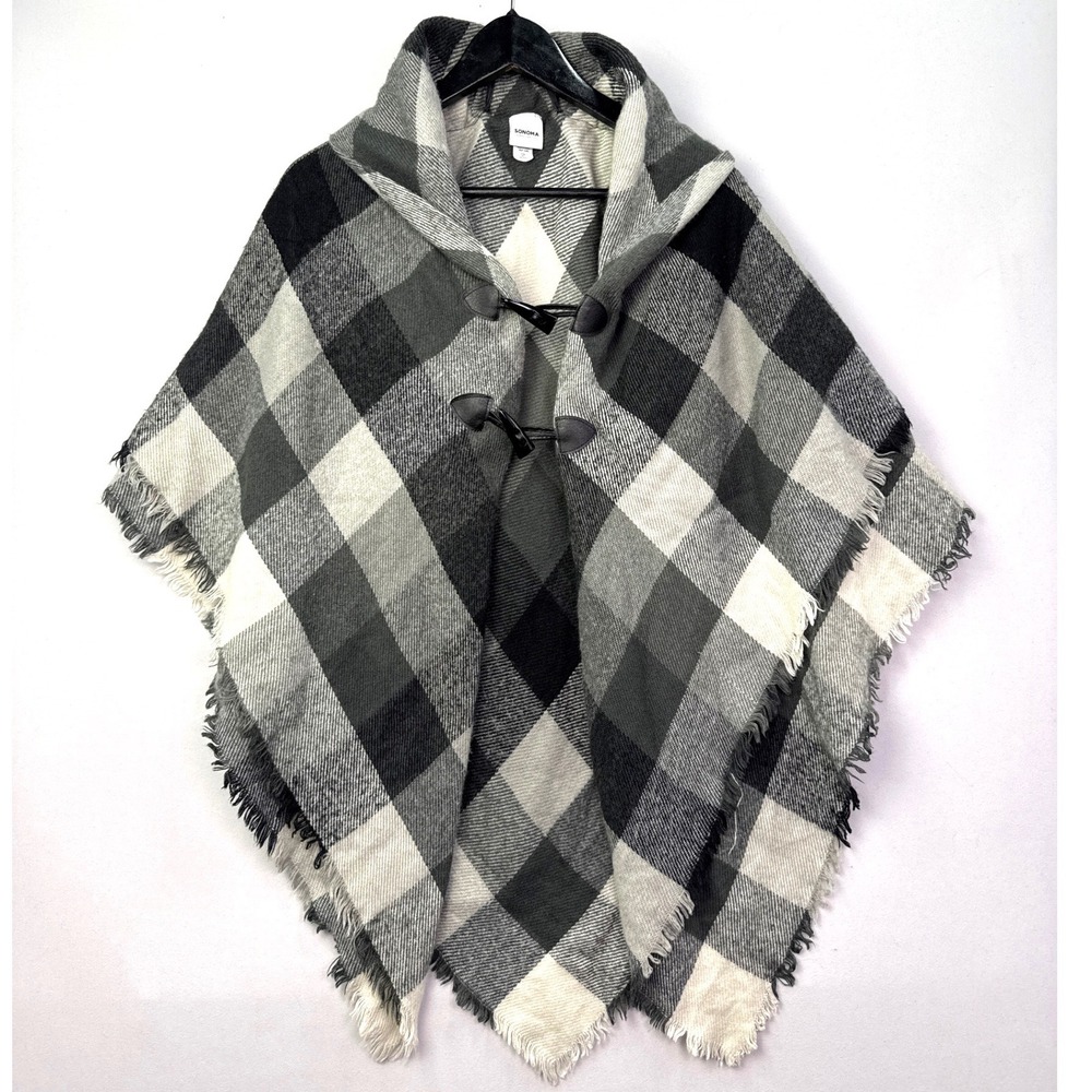 Sonoma Goods For Life Black Grey Buffalo Plaid Hooded Toggle Poncho One Size